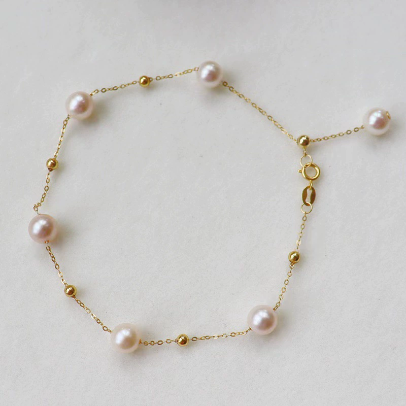 Браслет из пресноводного жемчуга с золотом 18 карат (Au750), бусины из золота, браслет с почти круглыми жемчужинами для женщин, оптом, простой стиль