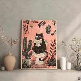 搞笑黑猫在马桶上阅读海报动物洗澡印花帆布艺画墙艺术图片