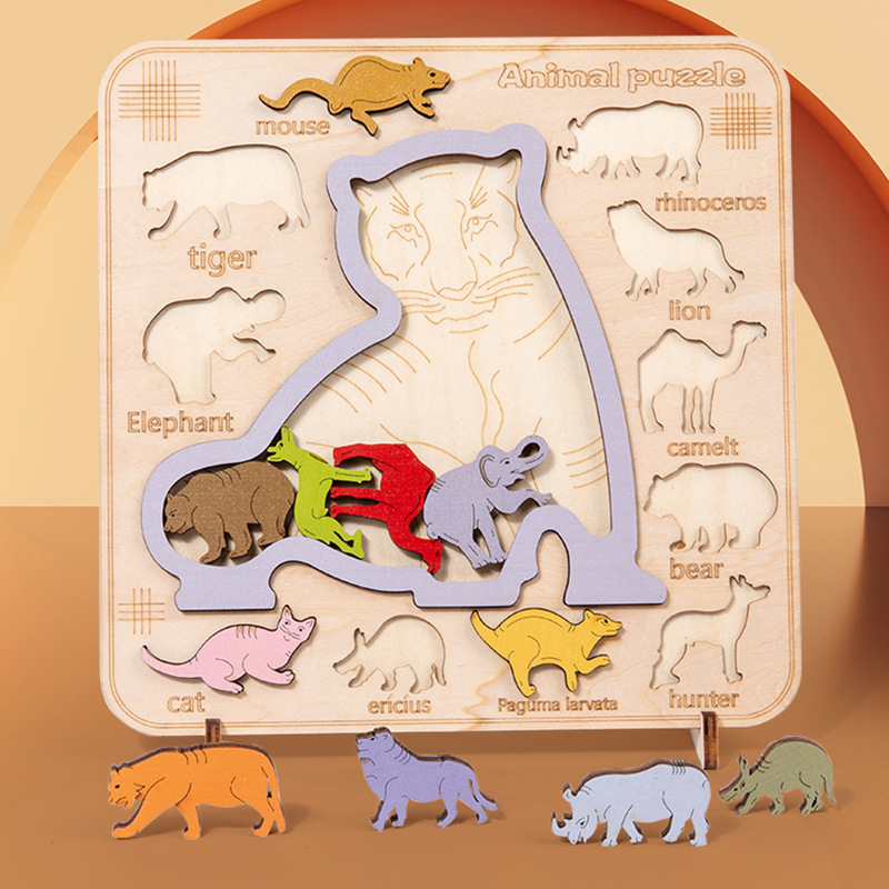 Animales de madera para niños transfronterizos Dinosaurios que queman el cerebro emparejan rompecabezas tridimensionales educación temprana bloques de construcción cognitivos rompecabezas juguetes educativos