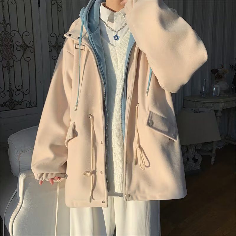 Otoño e invierno sueltos estilo de Hong Kong bf falso abrigo de lana de dos piezas pareja masculina rompevientos con capucha abrigo de lana guapo de moda