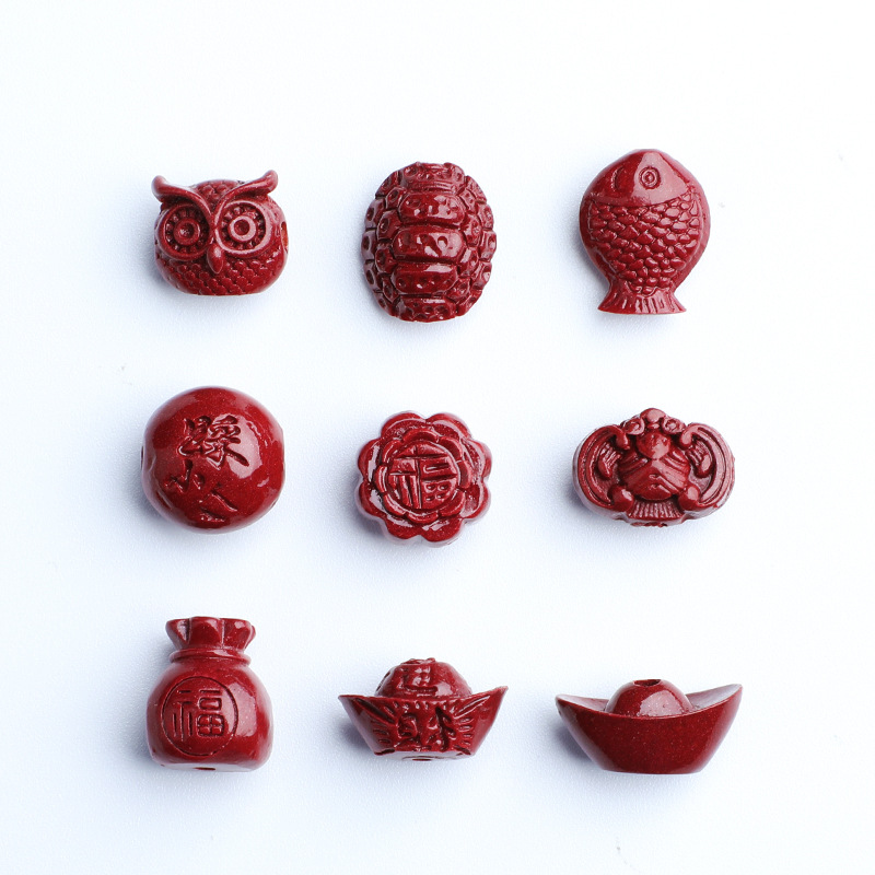 原礦高含量硃砂貓頭鷹金魚福字元寶金牛隔珠配飾紫金砂