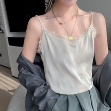 新款仿真丝V领吊带背心女夏蕾丝花边打底上衣宽松绸面内搭细吊带