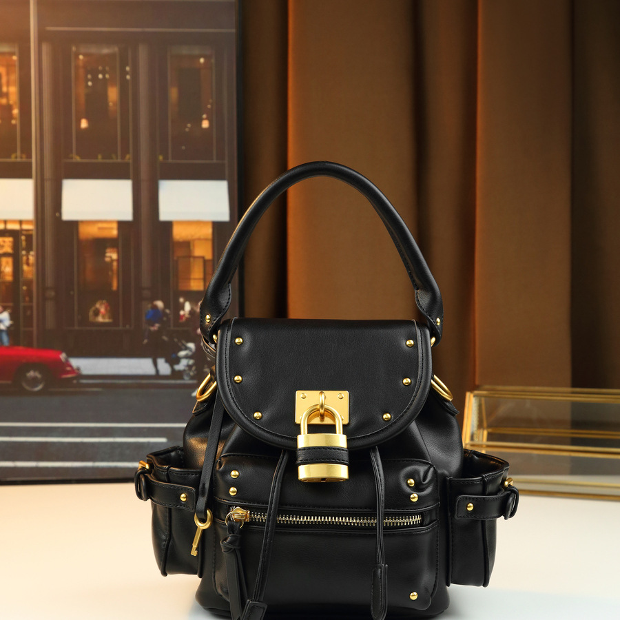 Borsa a mano retrò con lucchetto borchiato, media, multifunzionale, da donna, a tracolla, zaino da pendolare, in pelle PU con cerniera_voghion.com