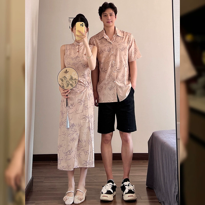 Летняя пара одежда для любимого, CHEONGSAM, рубашка, китайский стиль, с коротким рукавом