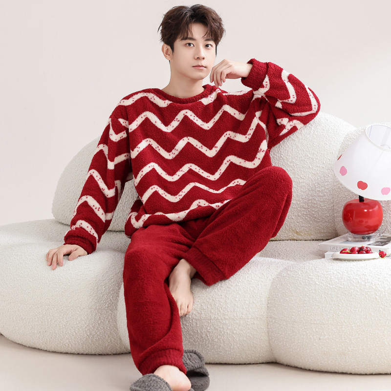 Men's Winter Coral Fleece Pajama Set, Zodiac Year Red, Thickened and Fleece-Lined, Autumn and Winter Half Fleece Men's Loungewear