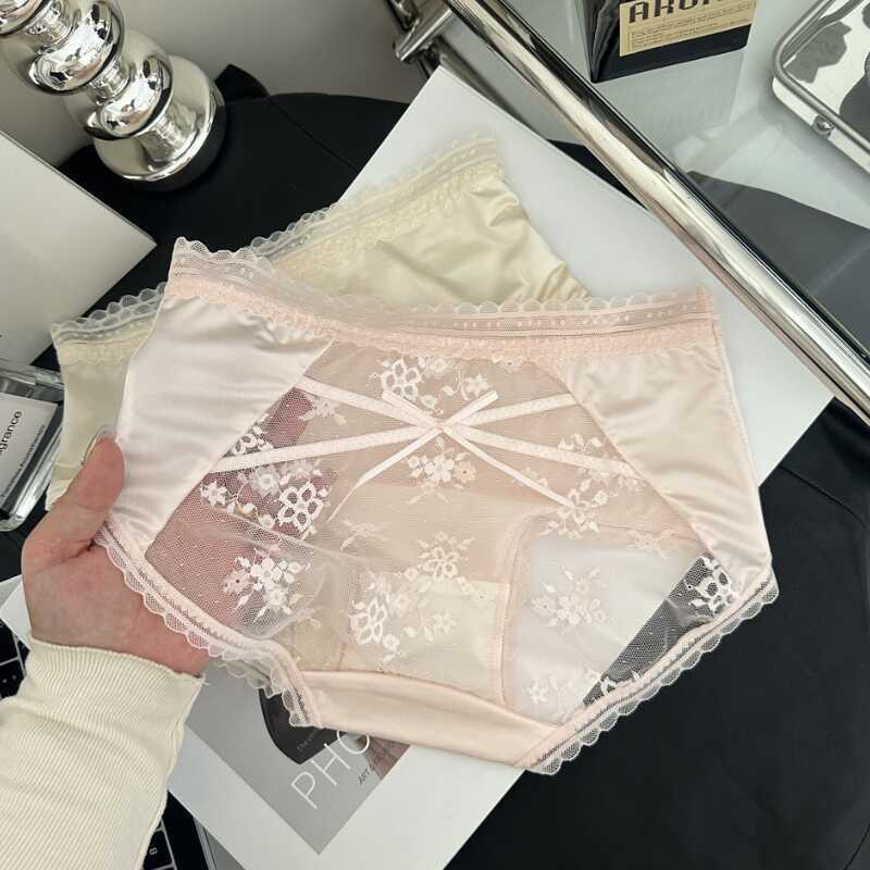 French-style sheer women's mid-waist bow lace panties, satin silk mesh sexy briefs