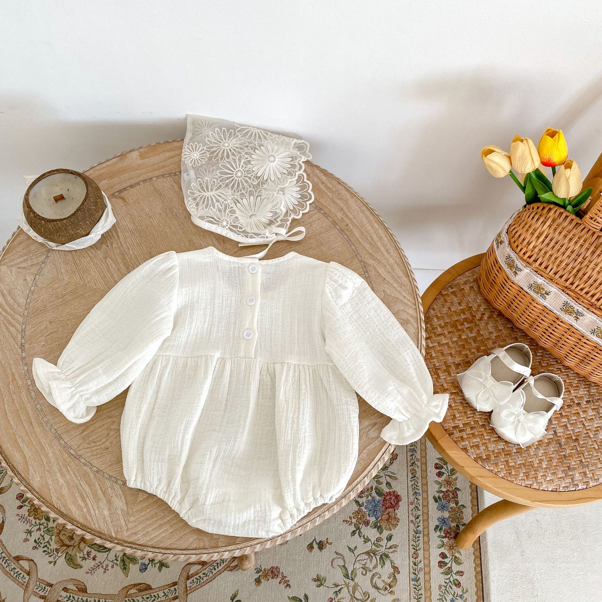 Baby and toddler autumn 2024 cotton bubble long sleeved khaki women's baby solid color ladylike bag fart triangle_voghion.com