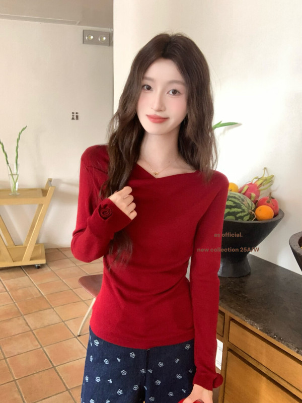 AS OFFICIAL满分秋日袖口小花朵设计荡领不规则简约洋气针织衫女|undefined