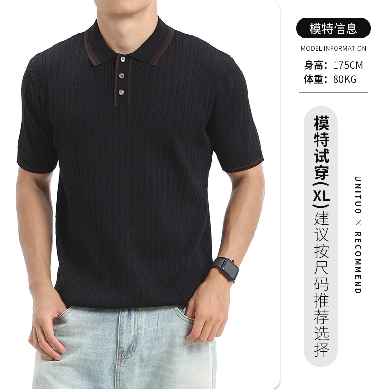 Europa y Estados Unidos transfronterizos hombres collar de color contrastante hielo de punto polo camisa de manga corta de negocios casual alta sensación de ropa de hombre