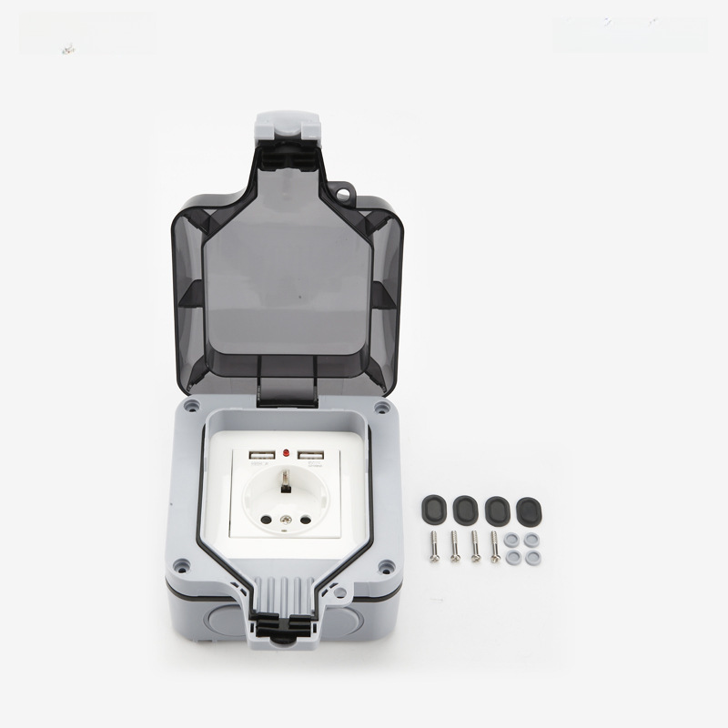 Manufacturer Direct Supply Splash Proof Power Socket EU Standard German Style Single USB Switch Outdoor Waterproof Switch Socket Box