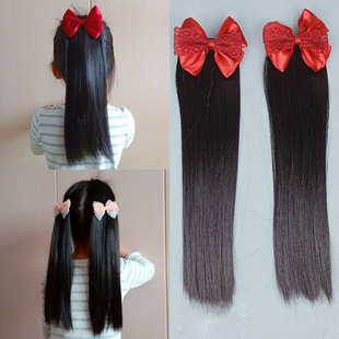 Children's bow wig ponytail girls duckbill clip short high temperature silk straight ponytail headwear factory in stock direct sales