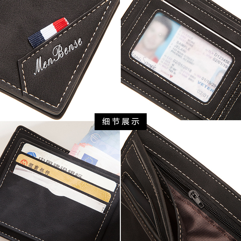 MenBense billetera horizontal de costura corta para hombres de gran capacidad titular de la tarjeta multi-Tarjeta billetera esmerilada Cambio de cremallera
