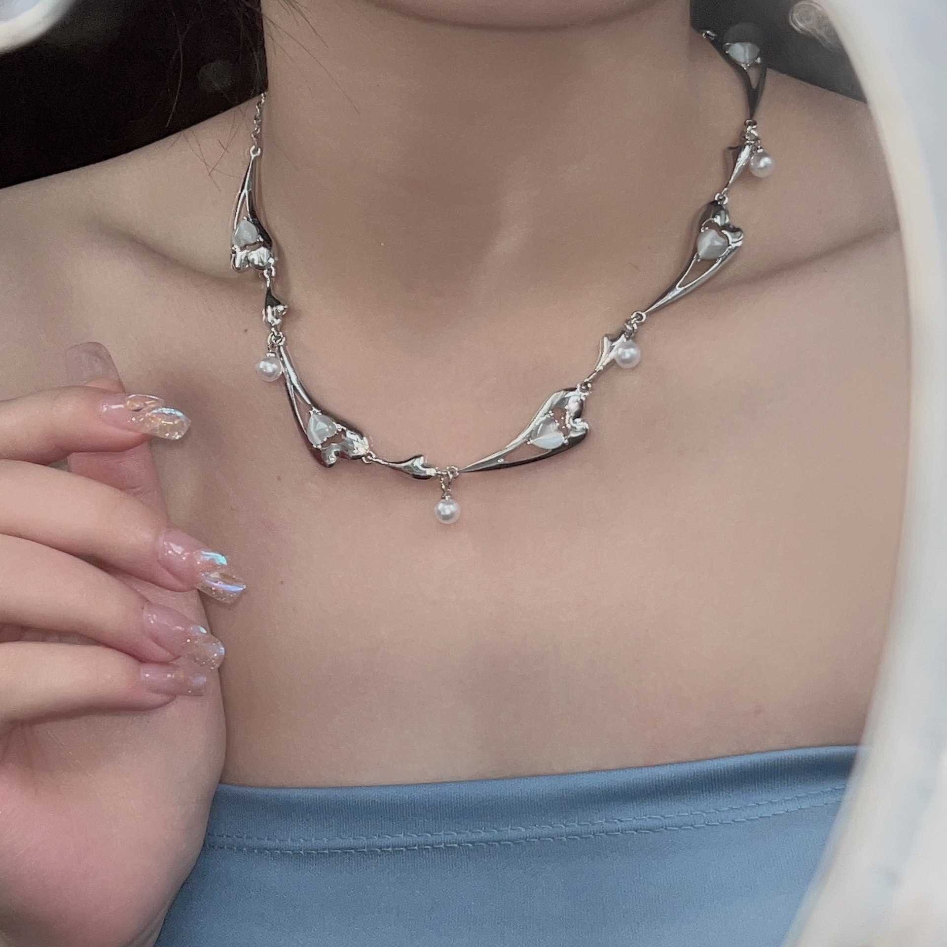 Fashion Heart Shape Alloy Plating Artificial Pearls Opal Necklace