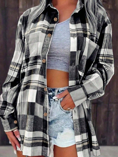 New European and American-style women's colorful plaid long-sleeved shirt—casual, loose-fitting, fashionable, and elegant coat.