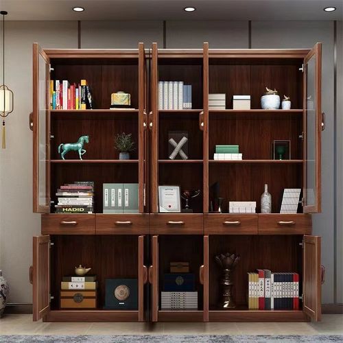 Walnut Solid Wood Bookcase Modern Chinese 2-door 3-door Large Capacity Multi-layer Storage Combination Cabinet Study Office Bookshelf