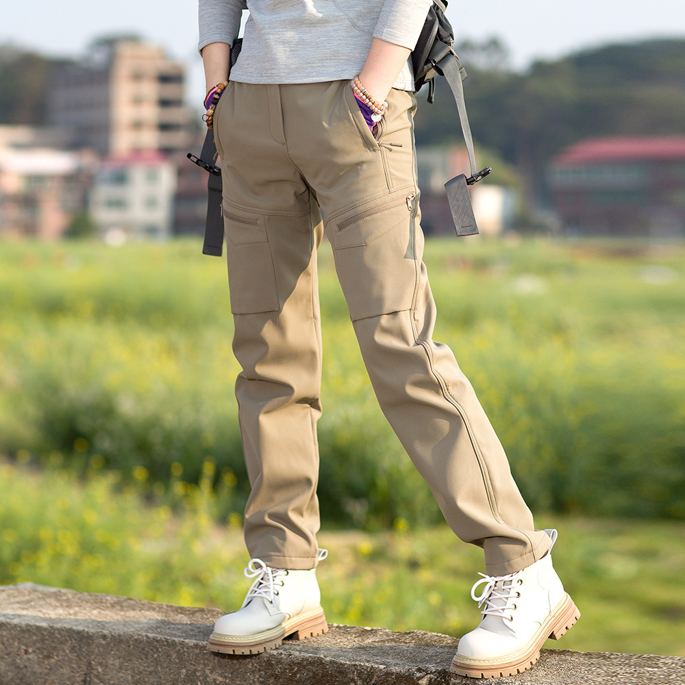 Outdoor Thick Straight Multi-Pocket Softshell Pants Women Long Pants Fleece Hiking Pants Women Breathable Windproof Mountaineering Autumn Winter
