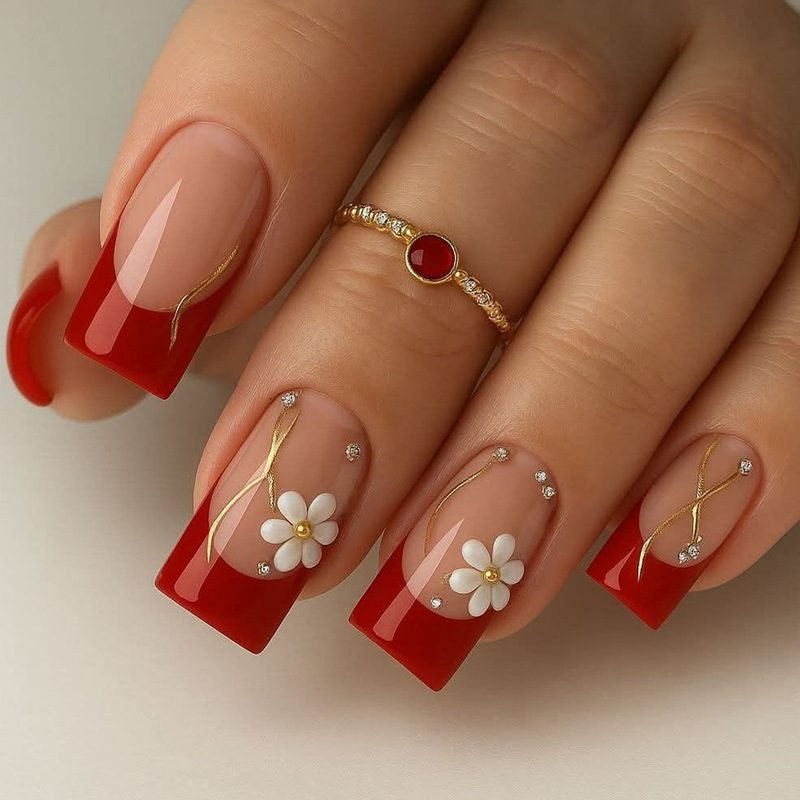 Cross-Border Wearable Nails European Square Red French Edge Gold Line Flower Diamond Steel Ball Decorative Fake Nail Patch