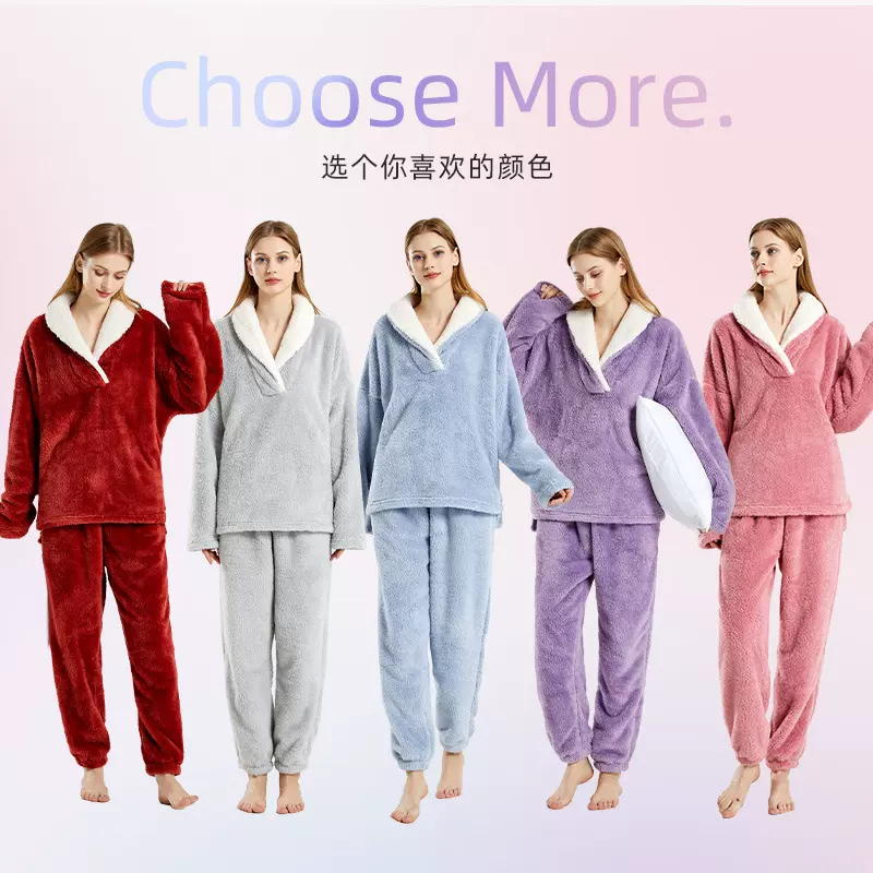跨境珊瑚绒睡衣女士套装冬季加厚加绒睡衣女大码保暖珊瑚绒睡衣女