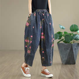 新款实拍夏季牛仔印花休闲松紧腰九分哈伦裤女