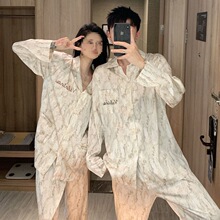 网红情侣睡衣女春秋薄款冰丝长袖男士春天家居服套装