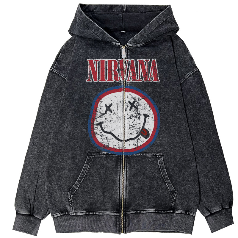 Fall/Winter Nirvana Nirvana Rock American Style Retro Antique Washed Cardigan Chain Hooded Sweater Jacket Fall/Winter Nirvana Nirvana Rock American Style Retro Antique Washed Cardigan Chain Hooded Sweater Jacket