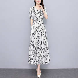 印花雪纺连衣裙女夏长款2025夏季新款大码胖mm显瘦遮肚子长裙