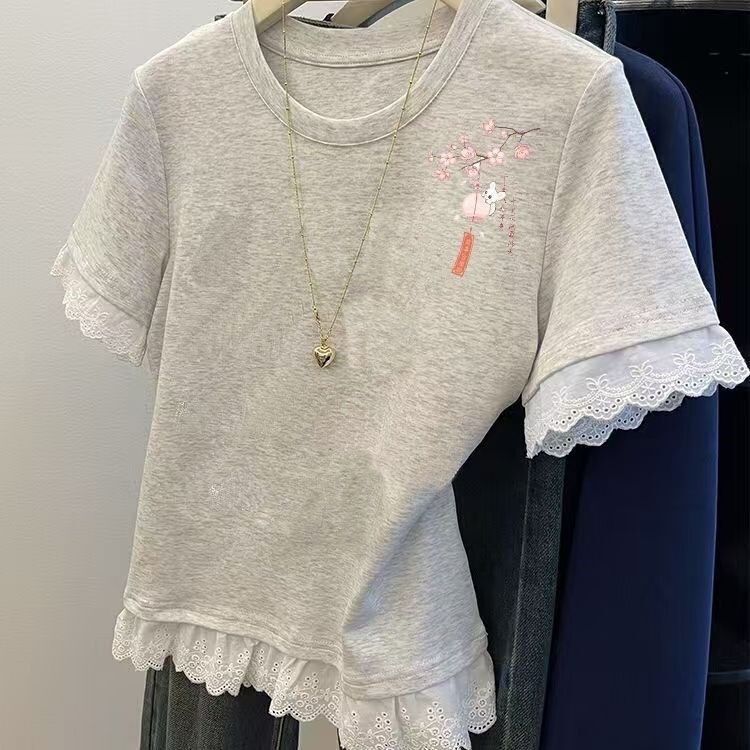 Lace Cotton Short-Sleeved T-Shirt for Women Summer 2026 New Style Printed Patchwork Slim Fit Gray Short Top for Women
