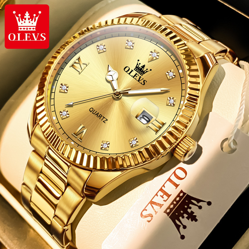 Swiss High-End Diamond-Encrusted Waterproof Watch for Men, Genuine Luminous Steel Belt, Gold Retro, Fully Automatic, for the Elderly and Dad