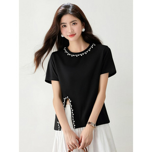 Real Shot of In-Stock 2025 Summer Plus-Size Women's Regular Shoulder Slimming Slit Shirt Belly-Covering Knit Top
