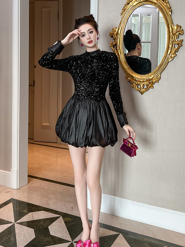 Váy dự tiệc nữ phối sequin eo thon xòe bồng — màu đen