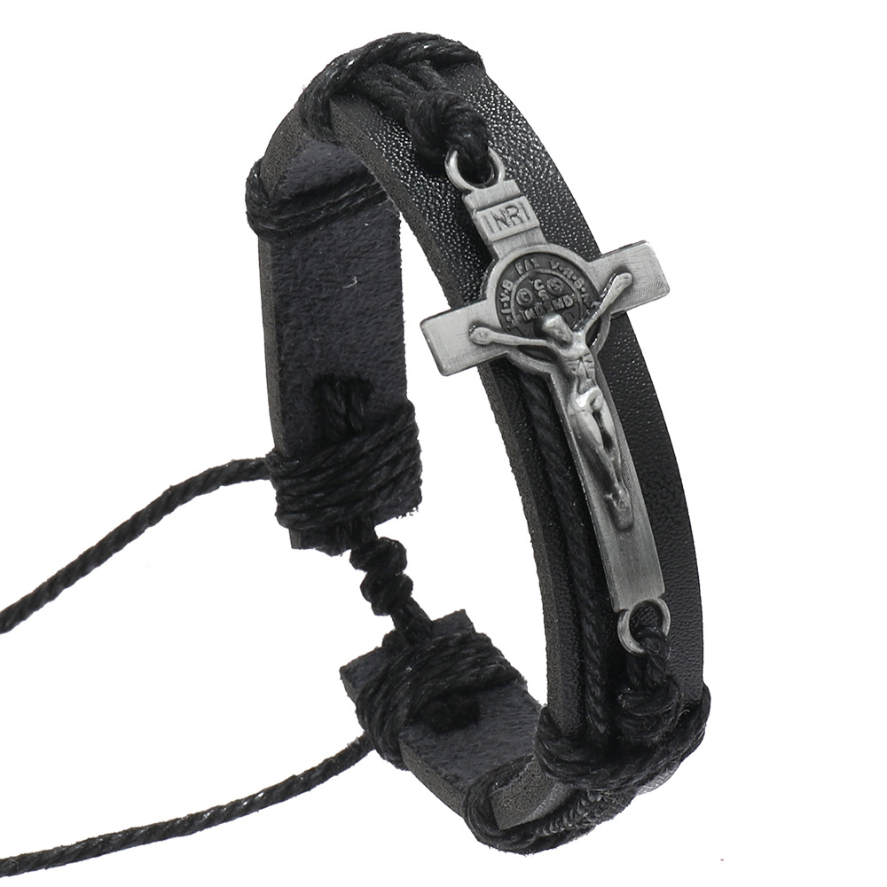 Street Occasion Retro Cross Pu Leather Alloy Knitting Men's Bangle Men Cord & Leather Bracelets