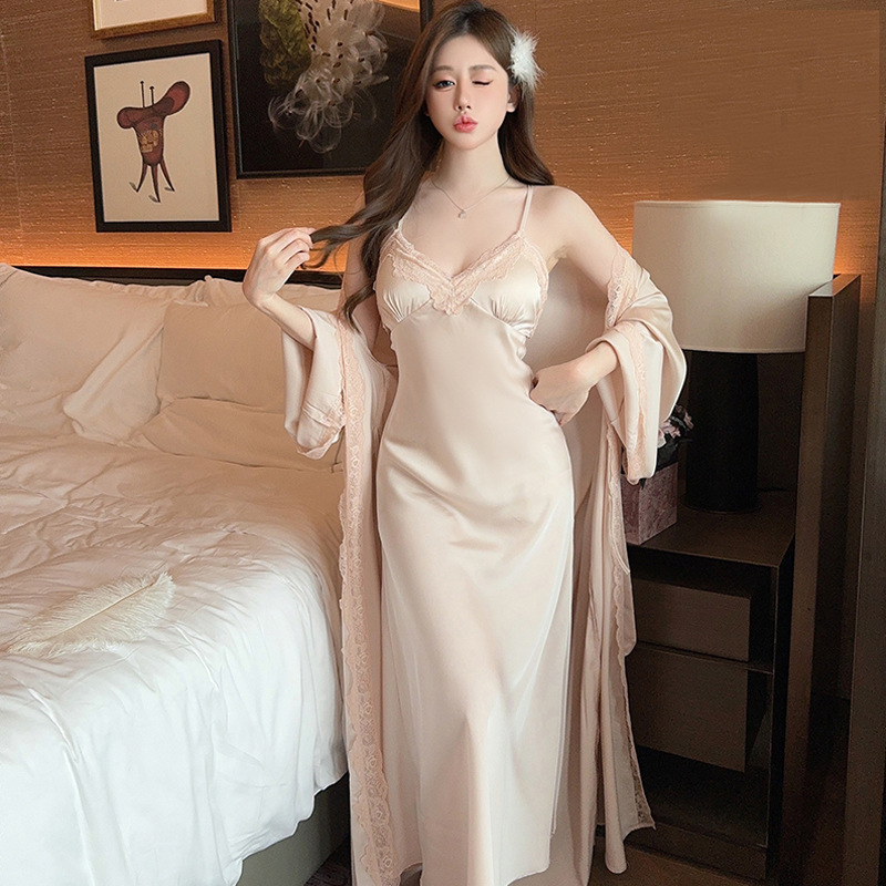 Ice Silk Suspender Pajamas for Women, Spring & Fall Sexy Long Skirt and Robe Suit, Spring and Summer Long Beautiful Suspender Breast Pad Nightgown