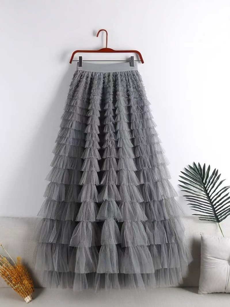 2024 Autumn Multi-Layered Mesh Patchwork Cake Skirt A-Line Slimming Midi Skirt for Women with High-Waisted Design and Large Hem