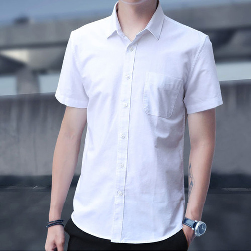 Men's Summer New Han Style Casual Short Sleeve Oxford Fabric White Shirt with 5-Button Cuff, Trendy