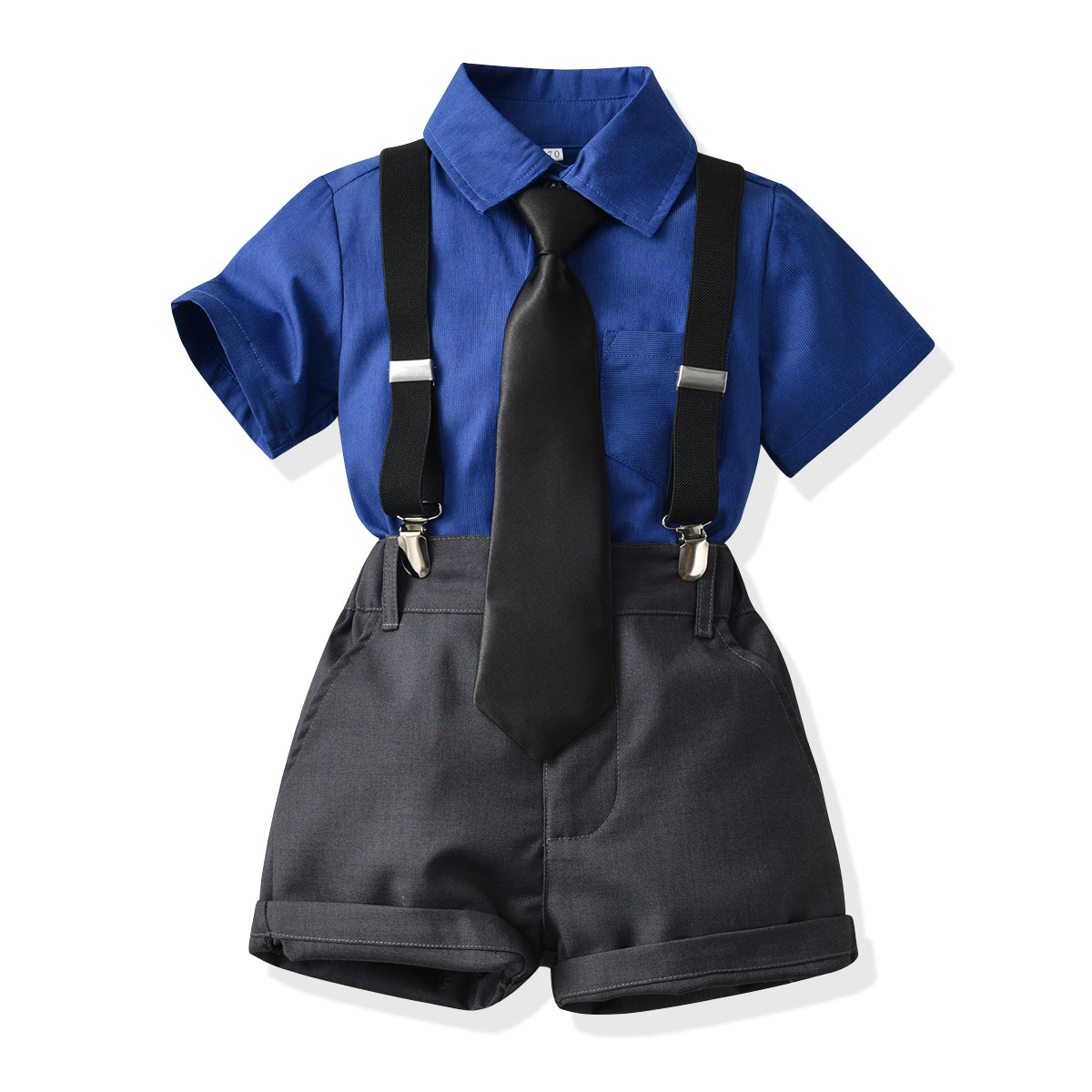 Verano de moda coreana corbata de color sólido camisa de manga corta para niños correa clip pantalones cortos vestido traje de rendimiento