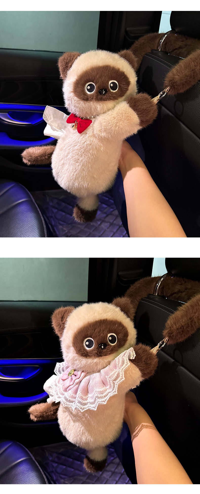 Car-Mounted Plush Tissue Holder, Car Seat Back Hanging Tissue Box, Cute Siamese Cat 3D Tissue Cover