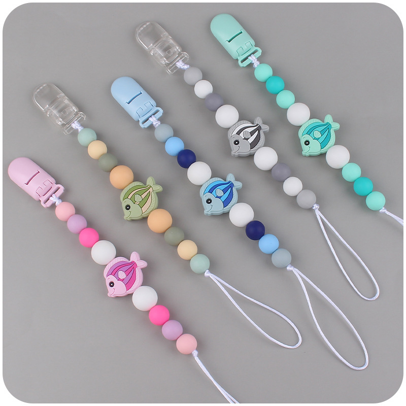 Nuevo bebé suministros chupete cadena creativa bebé dibujos animados pescado silicona mordedura molar anti-gota cadena