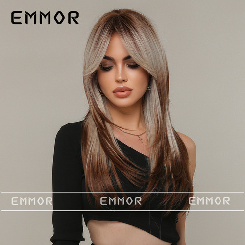 European and American new natural wig for women, middle-parted eight-character bangs, gradient dyed brown long straight hair, full headpiece wig