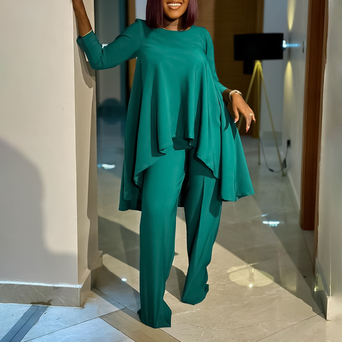 D3260 Amazon foreign trade women's clothing European and American fashion temperament plus size long-sleeved top wide-leg pants cross-border suit