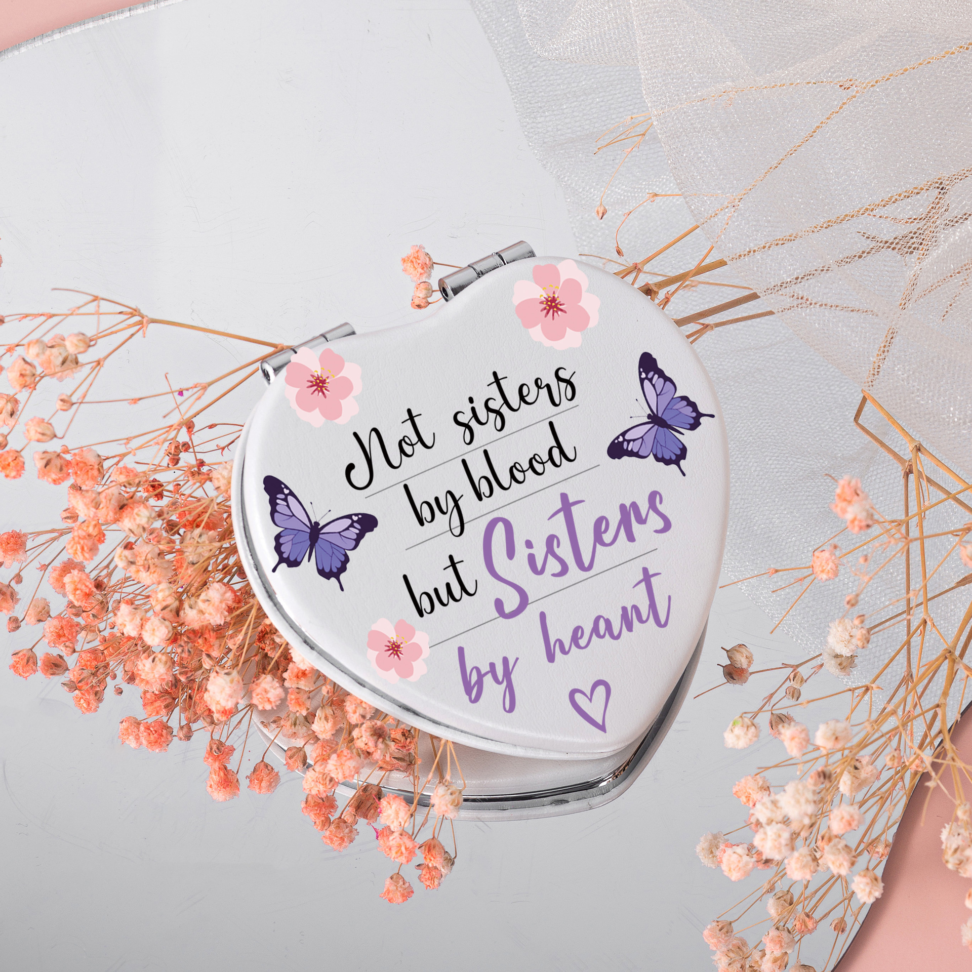 Espejo portátil con funda de PU en forma de corazón, estilo ins