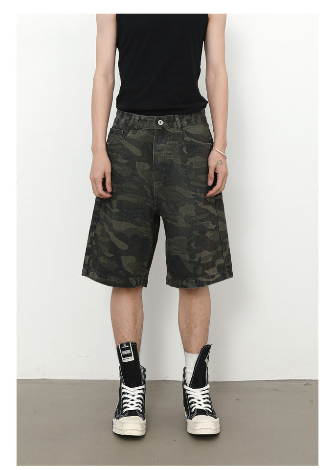 Quần short nam denim họa tiết rằn ri phong cách công sở đi biển — Màu trắng, Màu đen, Màu đất gỉ sét, Ngụy trang màu mơ chi tiết 6