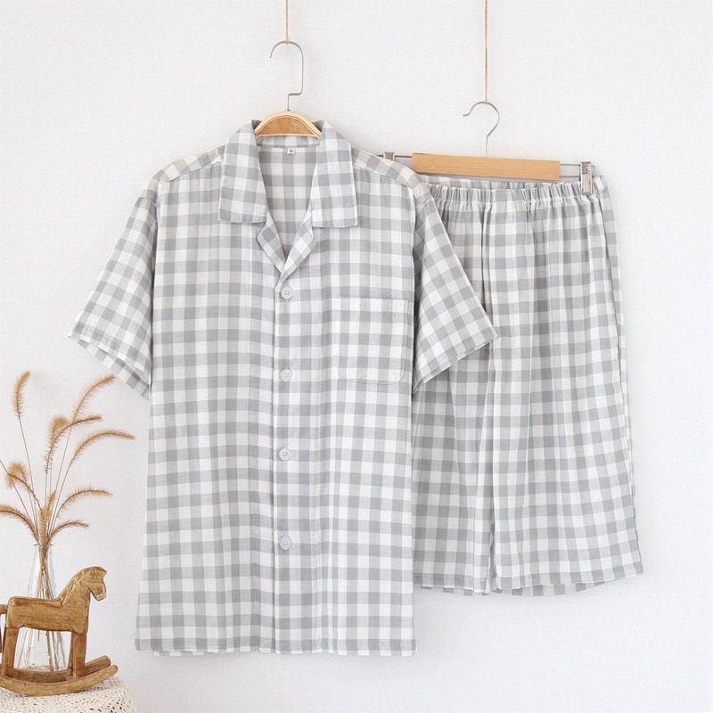 夏季男士短袖中裤睡衣套装休闲居家服棉双层纱日系格子简约条纹