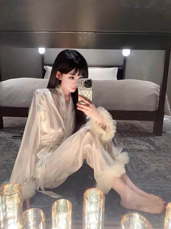 Long-Sleeved and Long-Pants Ice Silk Pajamas for Women, Spring and Autumn Style, Elegant and Stylish, Suitable for Tall Individuals, Two-Piece Home Wear Set, Thin Style