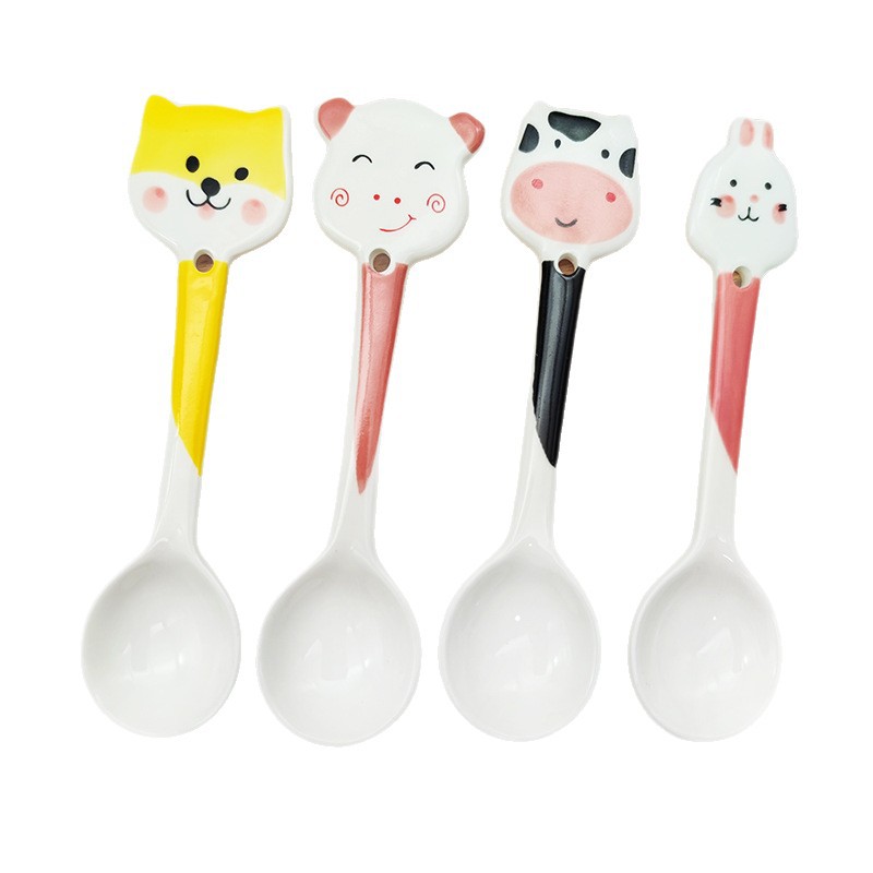 Inswind de alto valor facial lindo dibujo animado cuchara de mango largo cuchara de bebés cuchara de cerámica casera cuchara de café creativa
