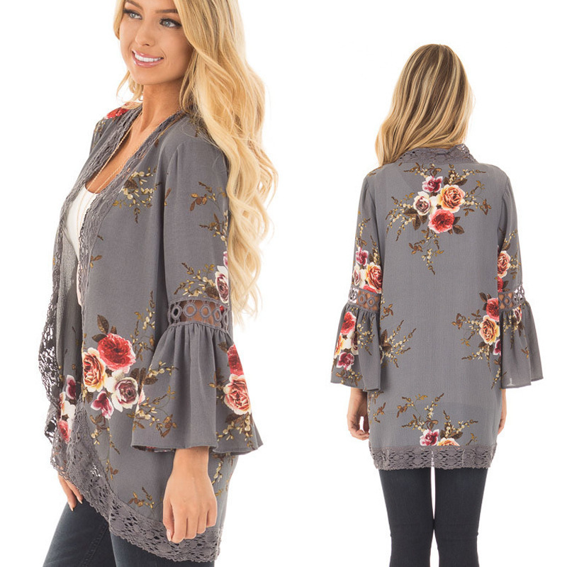 [Cardigan hollowed out lace stitching digital printing autumn]