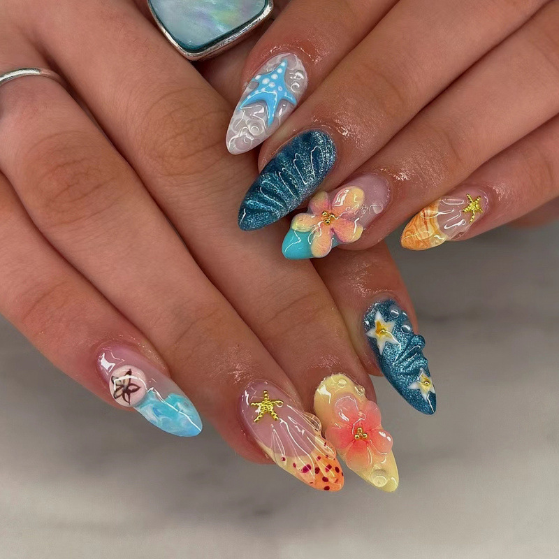 30 pieces of popular seaside style 3D three-dimensional starfish and flower almond-shaped press-on nails, exquisite wave pattern French-style premium nails 30 pieces of popular seaside style 3D three-dimensional starfish and flower almond-shaped press-on nails, exquisite wave pattern French-style premium nails