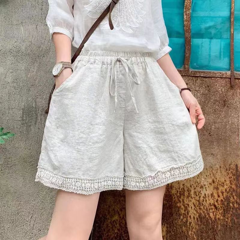 Retro Cotton and Linen Casual Shorts for Women with Lace Splicing and Straight-Cut Design