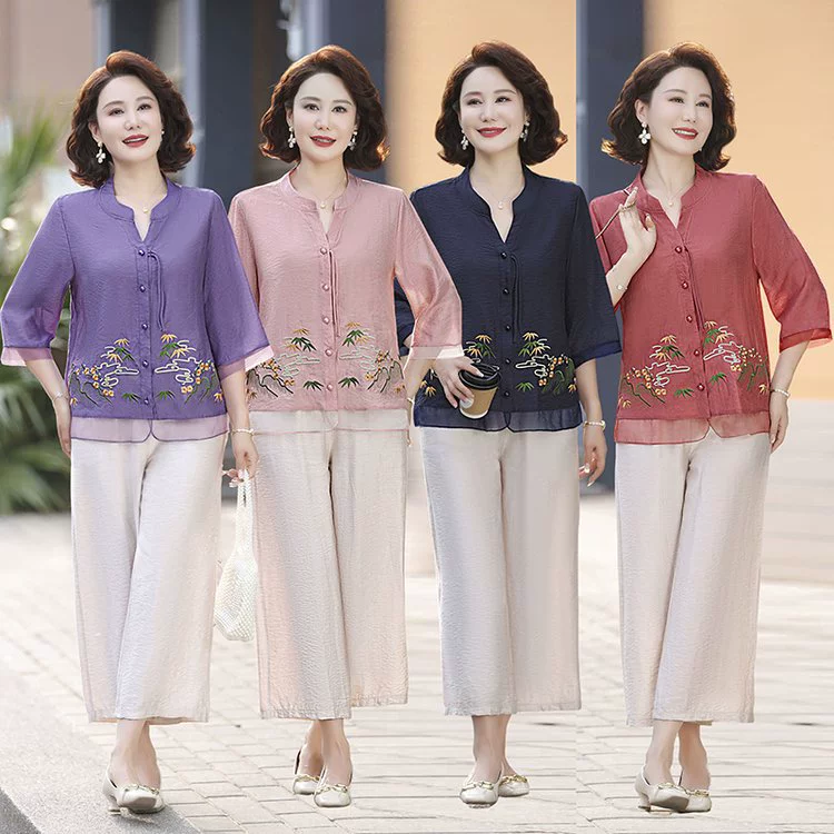 Летний костюм с короткими рукавами для мамы, модная футболка среднего возраста, свободный комплект из двух предметов для женщин среднего и пожилого возраста.