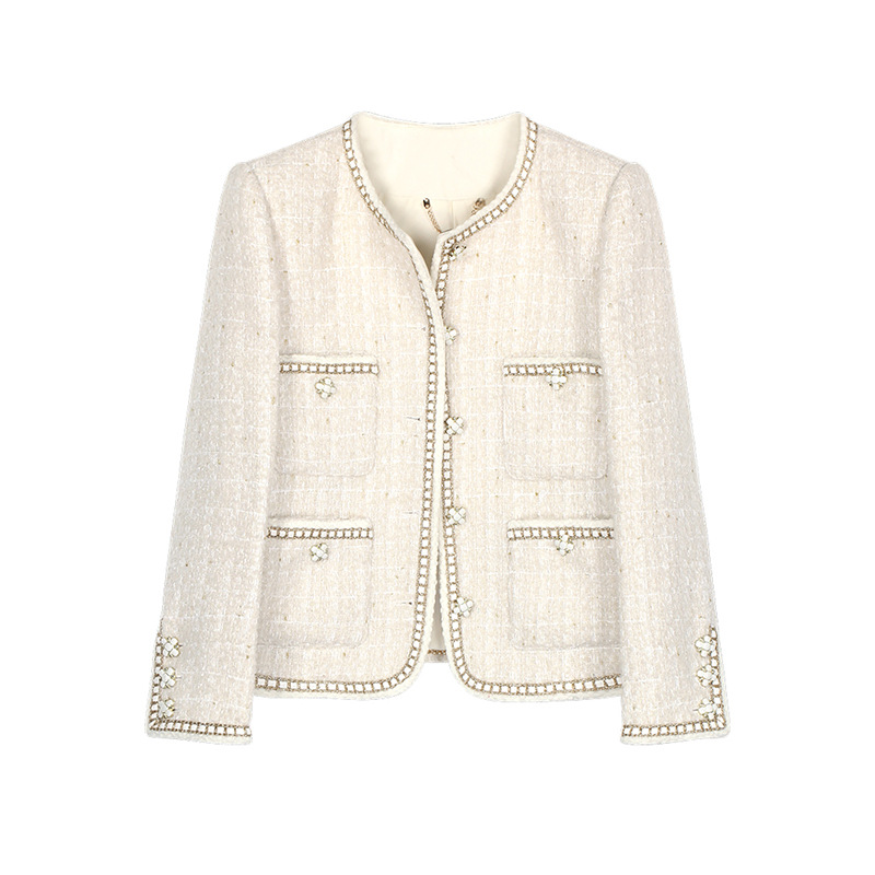 High-End Round-Neck Design Tweed Jacket with Intricate Craftsmanship, Socialite-Style Top 130089