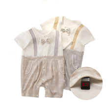 新生儿连体衣夏装新款超薄领结哈衣短袖前开扣短爬服男宝婴儿衣服
